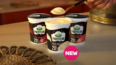 Arla Protein puddings in Crème Brulée, chocolate, and salted caramel flavours with 20g of protein, lactose free, and no added sugar
